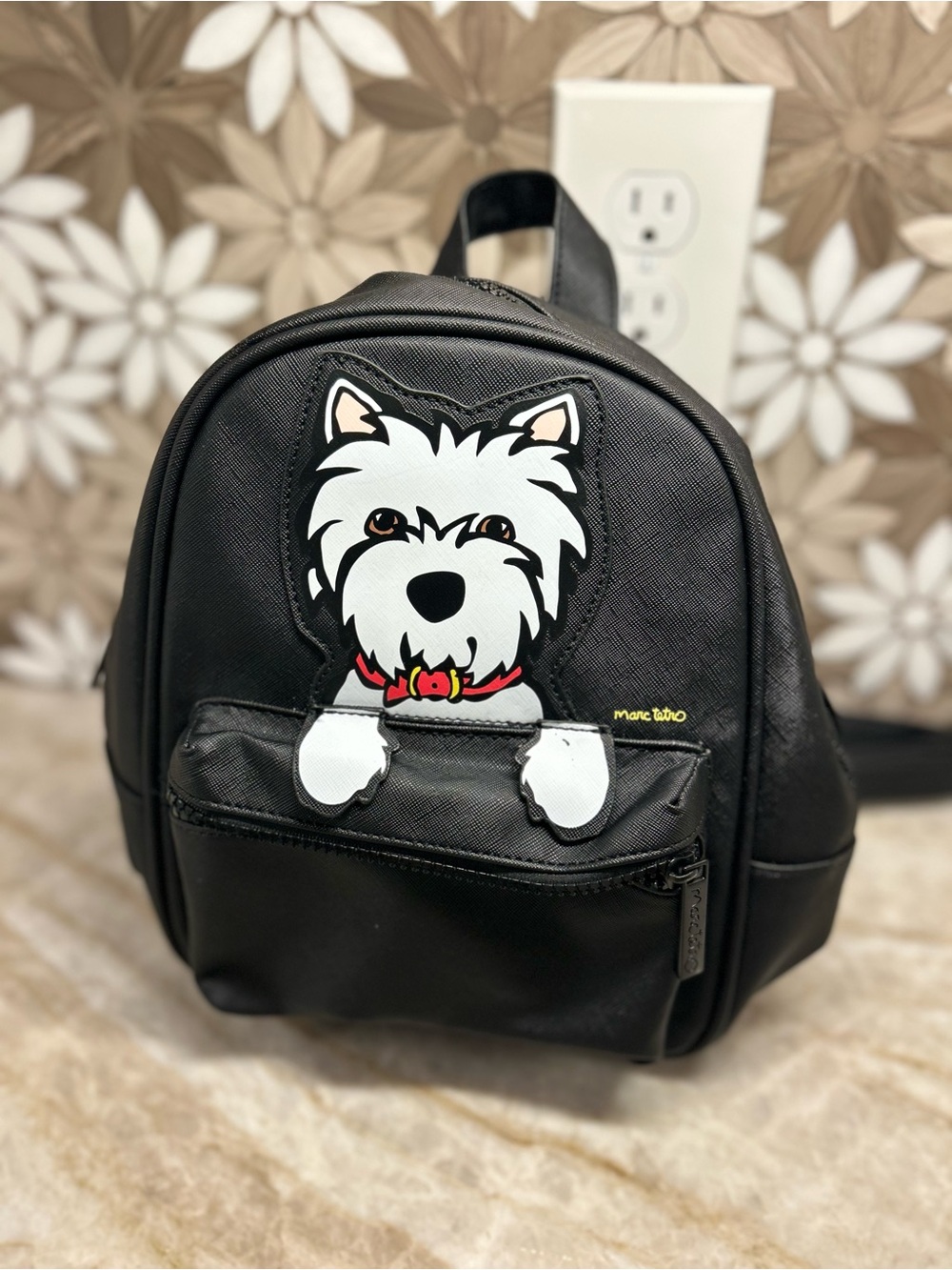 Black Mini Backpack with White Dog Applique